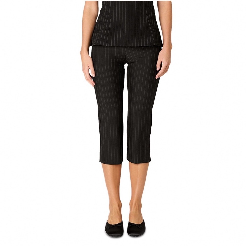 NWT Black Pinstripe Cropped Pants Side Zip Slit‎ Hem Capri Trousers Medium